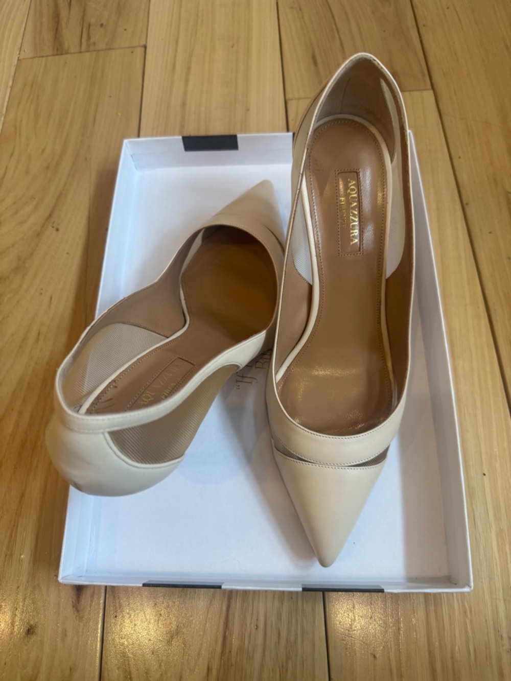 Aquazzura Ivory Pointed-Toe Mesh Panel Stiletto Pumps - Picture 5 of 15